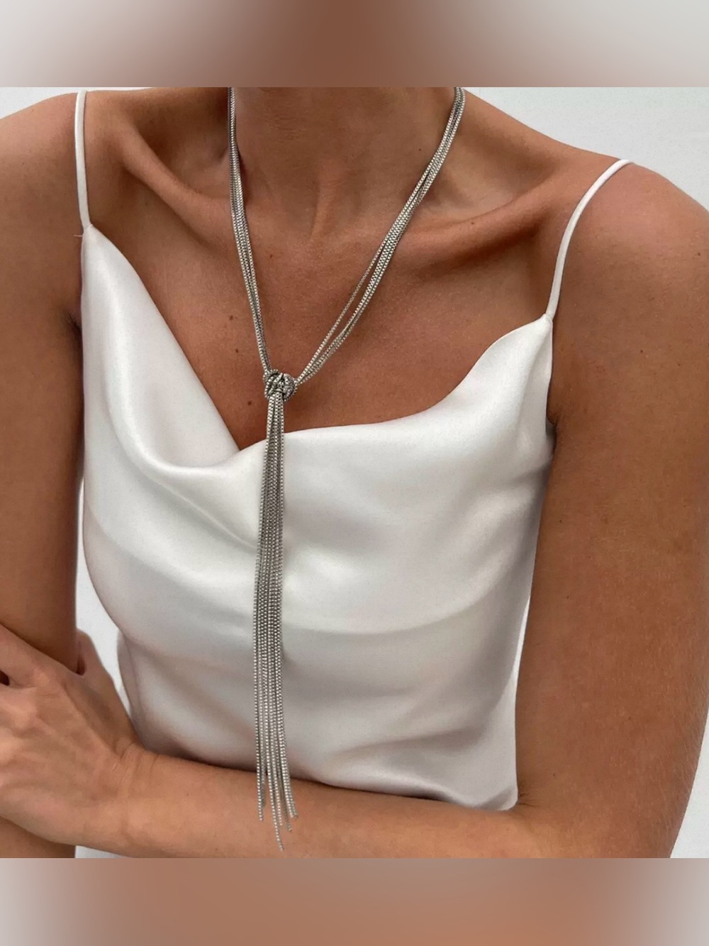 New Silver Chain Lariat Necklace Knotted With Tassel